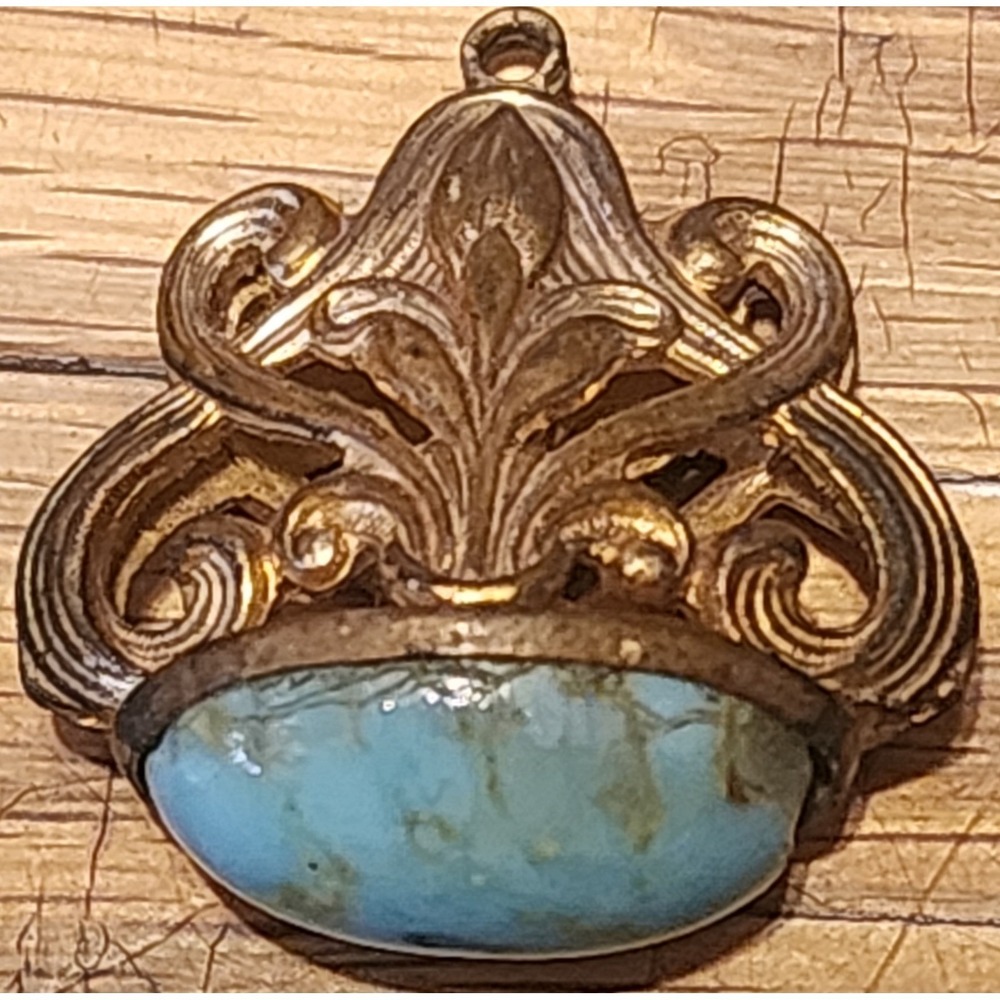 Victorian Watch Fob Blue Glass Filigree Brass Tone Pendant Charm 0.219 Oz READ